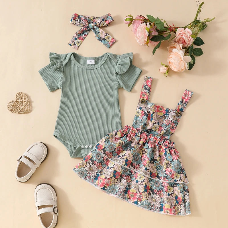 Girls Ribbed Romper and Suspender Dress with Headband