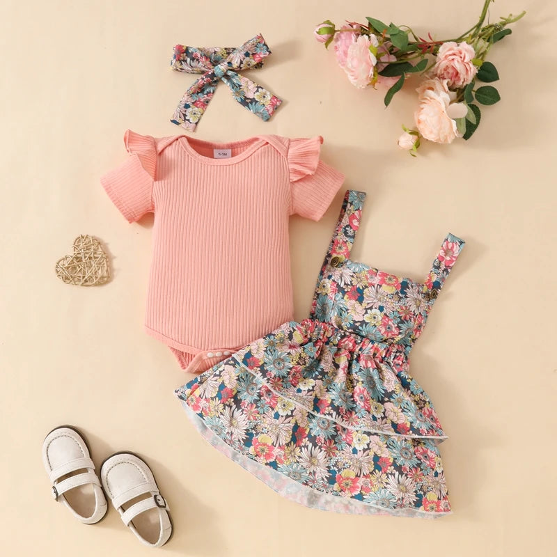 Girls Ribbed Romper and Suspender Dress with Headband