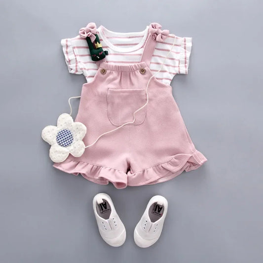 Girls Ribbed Suspender Shorts and T-shirt Set