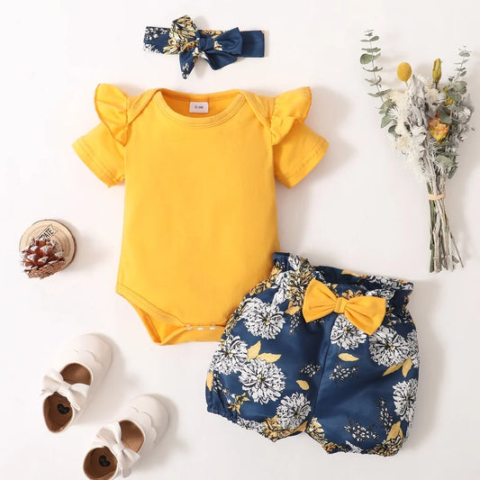 Girls Ruffle Sleeve Jumpsuit and Floral Shorts with Headband
