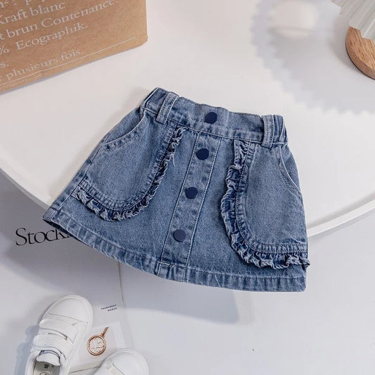 Girls Denim Ruffle Pockets Skirt