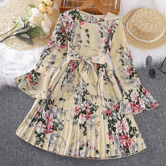 Girls Floral Print Long Sleeve Pleated Dress