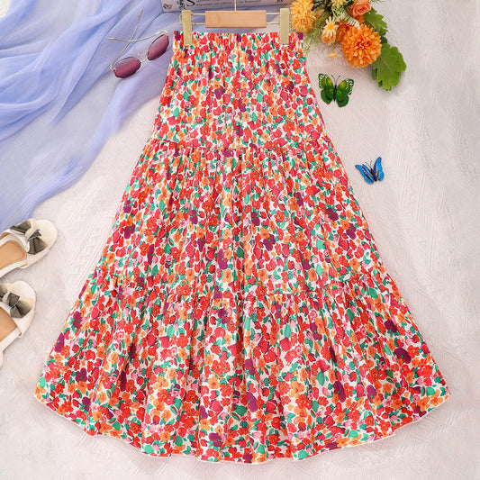 Girls High Waist Flower Skirt