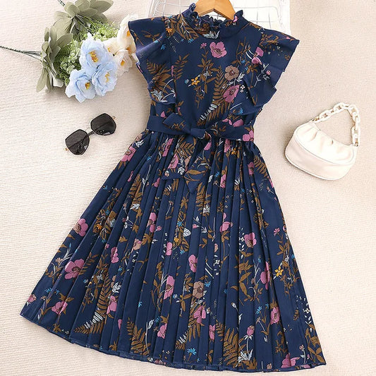 Girls Sleeveless Floral Print Pleated Dress