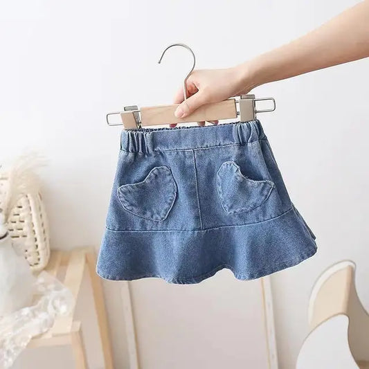Girls Denim Heart Pocket Short Skirt