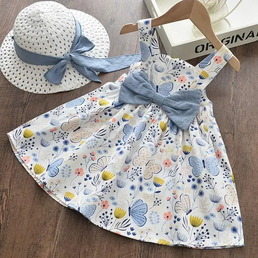 Girls Bow Dress With Hat- Blue