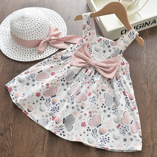 Girls Bow Dress With Hat- Pink