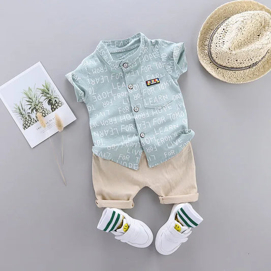 Boys Casual Print Button Shirt And Shorts